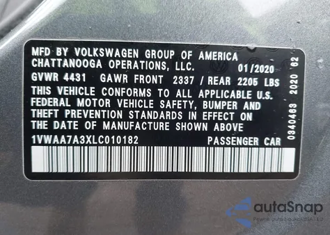 2020 Volkswagen Passat 2.0T S z USA, uszkodzony, nr VIN 1VWAA7A3XLC010182